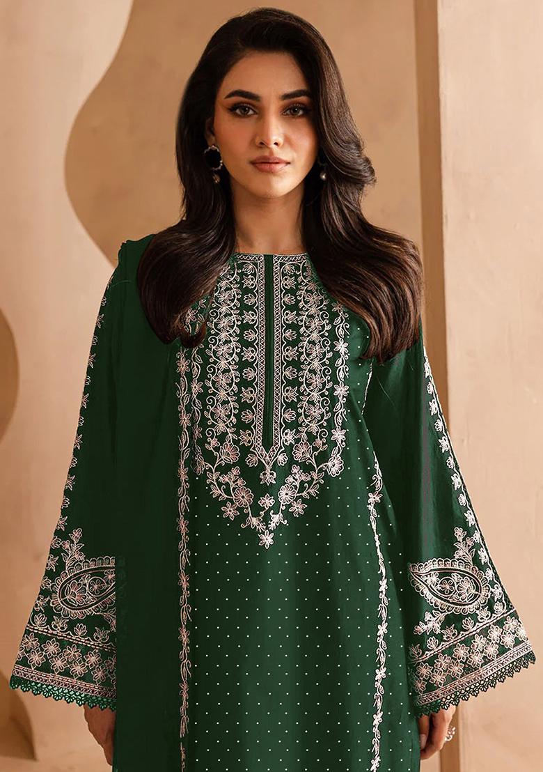 Green Embroidered Chinnon Salwar Kameez