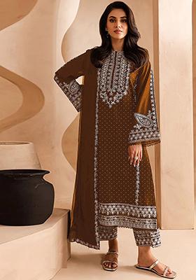 Brown Embroidered Chinnon Salwar Kameez