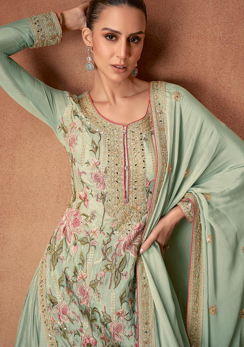 Green Embroidered Chinnon Salwar Kameez