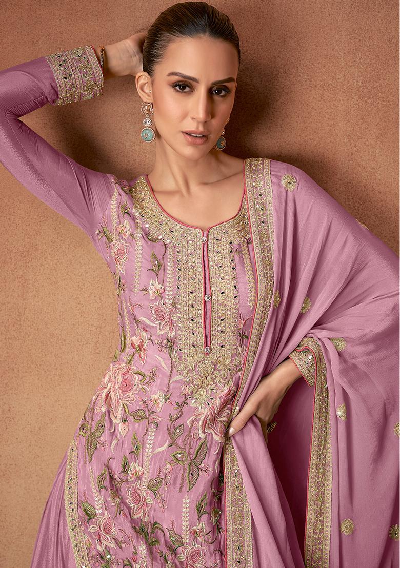 Pink Embroidered Chinnon Salwar Kameez
