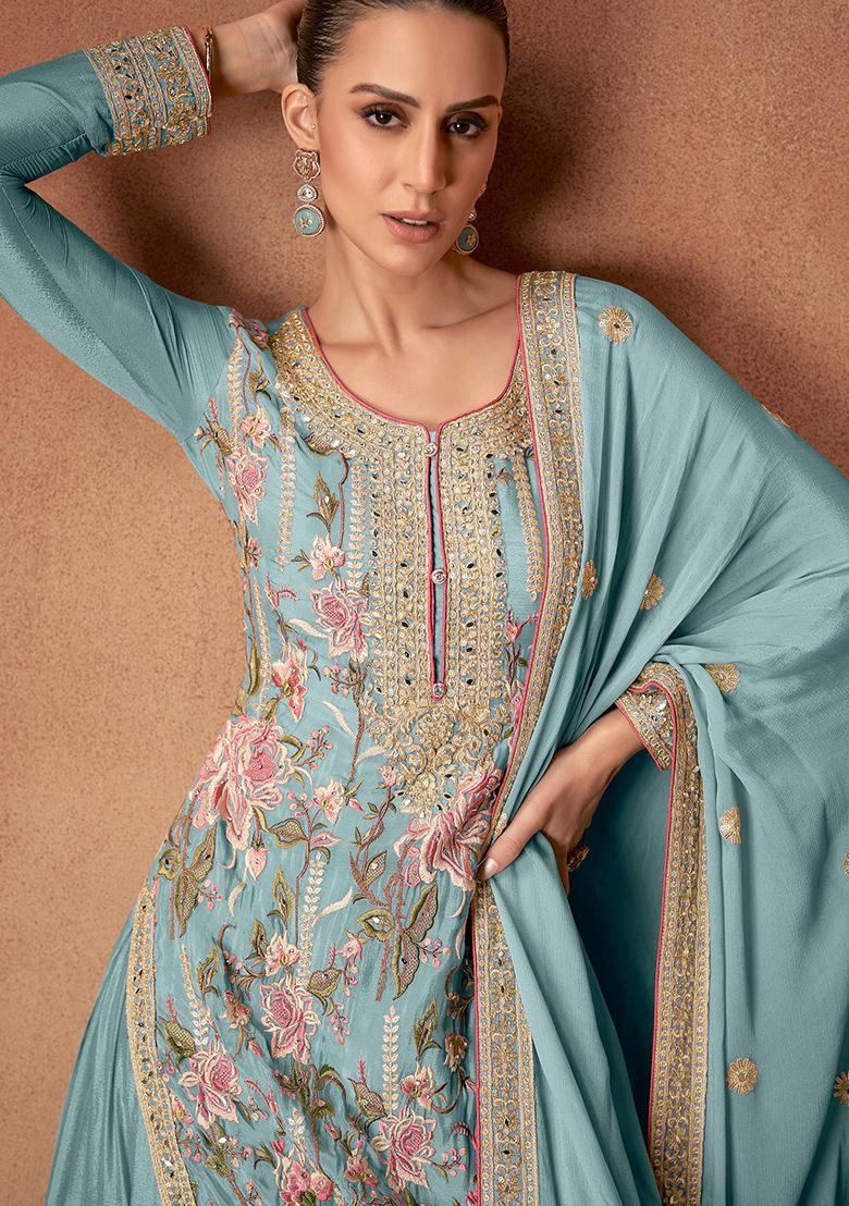 Sky Blue Embroidered Chinnon Salwar Kameez