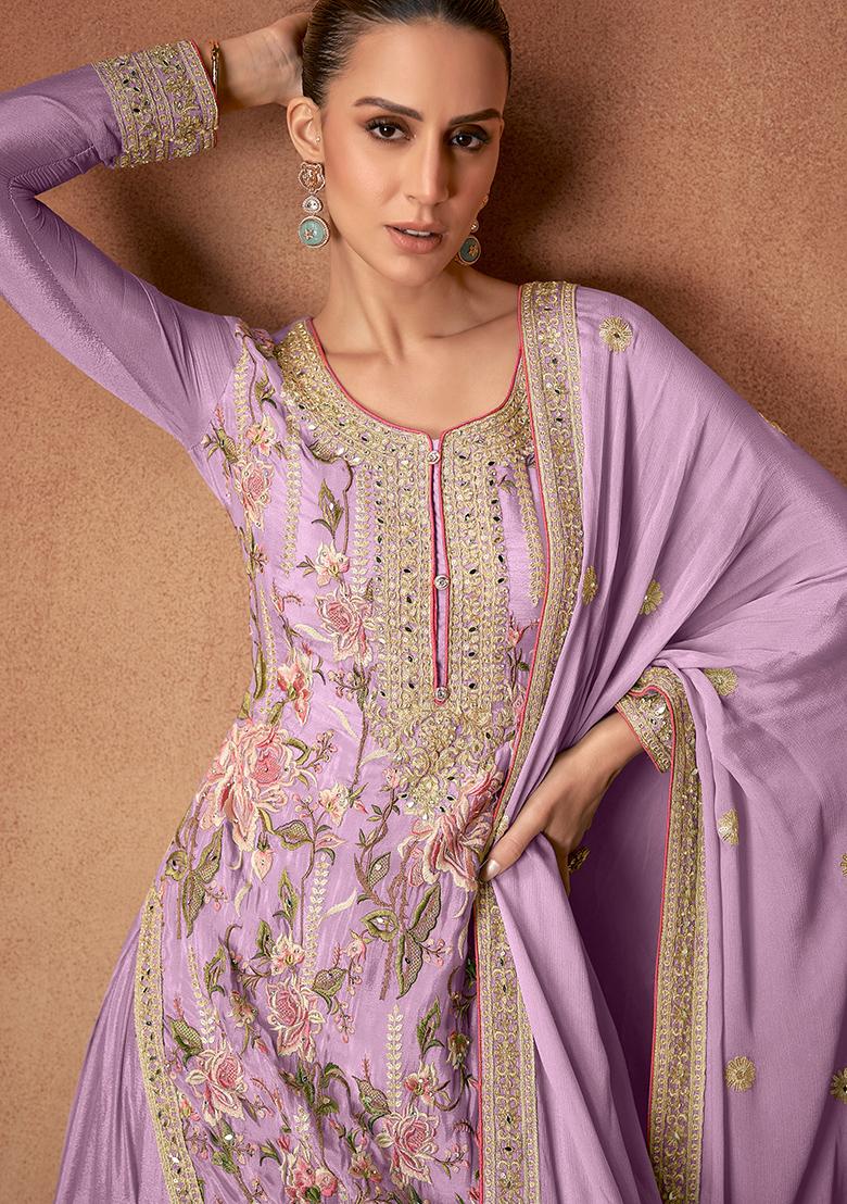 Purple Embroidered Chinnon Salwar Kameez