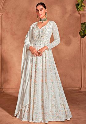 Cream Embroidered Chinnon Anarkali set