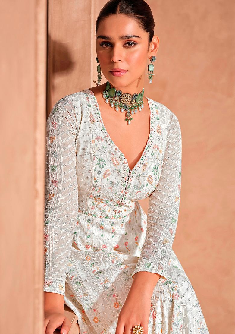 Cream Embroidered Chinnon Anarkali set