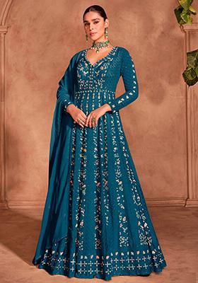 Rama Green Embroidered Chinnon Anarkali set