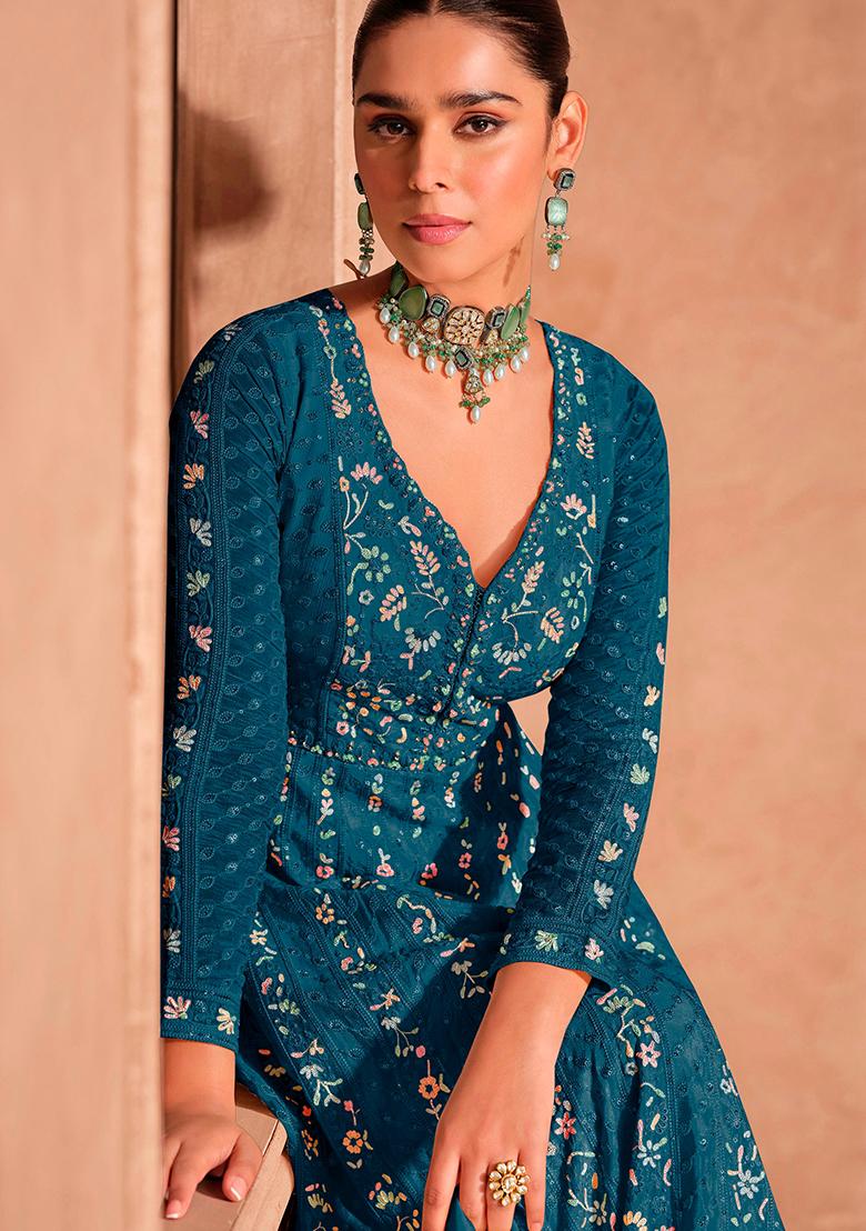 Rama Green Embroidered Chinnon Anarkali set
