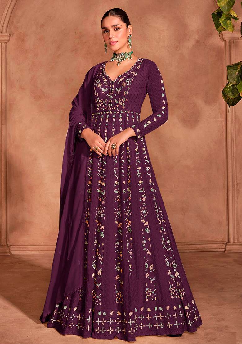 Purple Embroidered Chinnon Anarkali With Dupatta - Indya