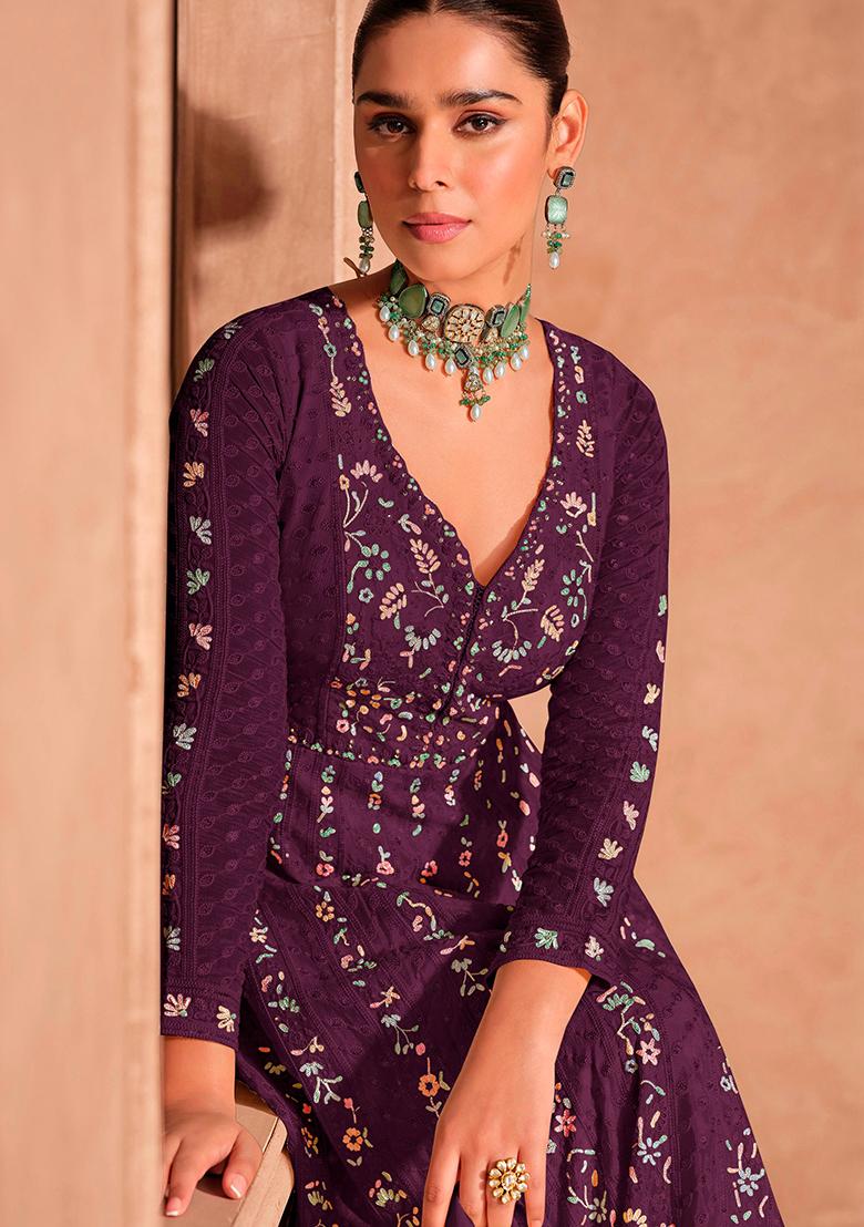 Purple Embroidered Chinnon Anarkali set