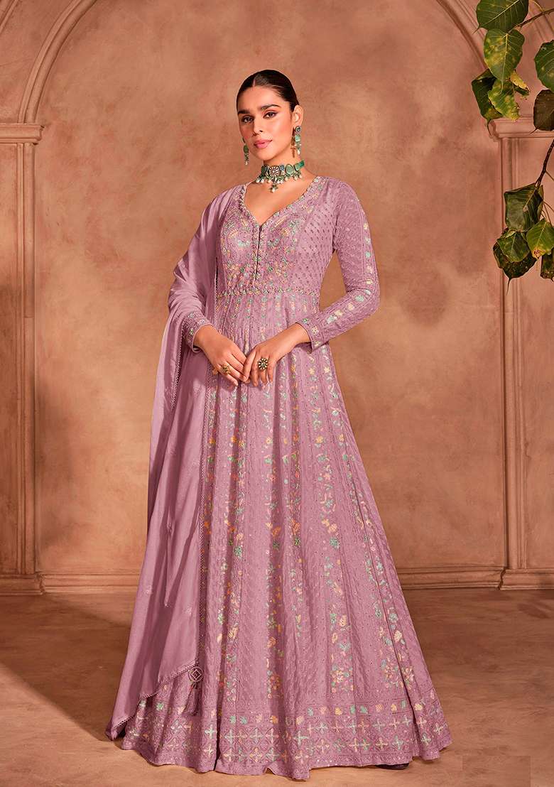 Pink Embroidered Chinnon Anarkali With Dupatta - Indya