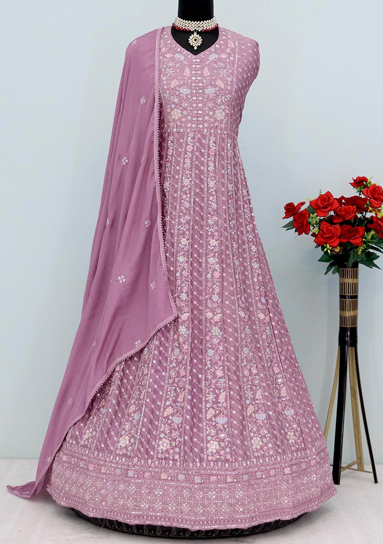 Pink Embroidered Chinnon Anarkali set