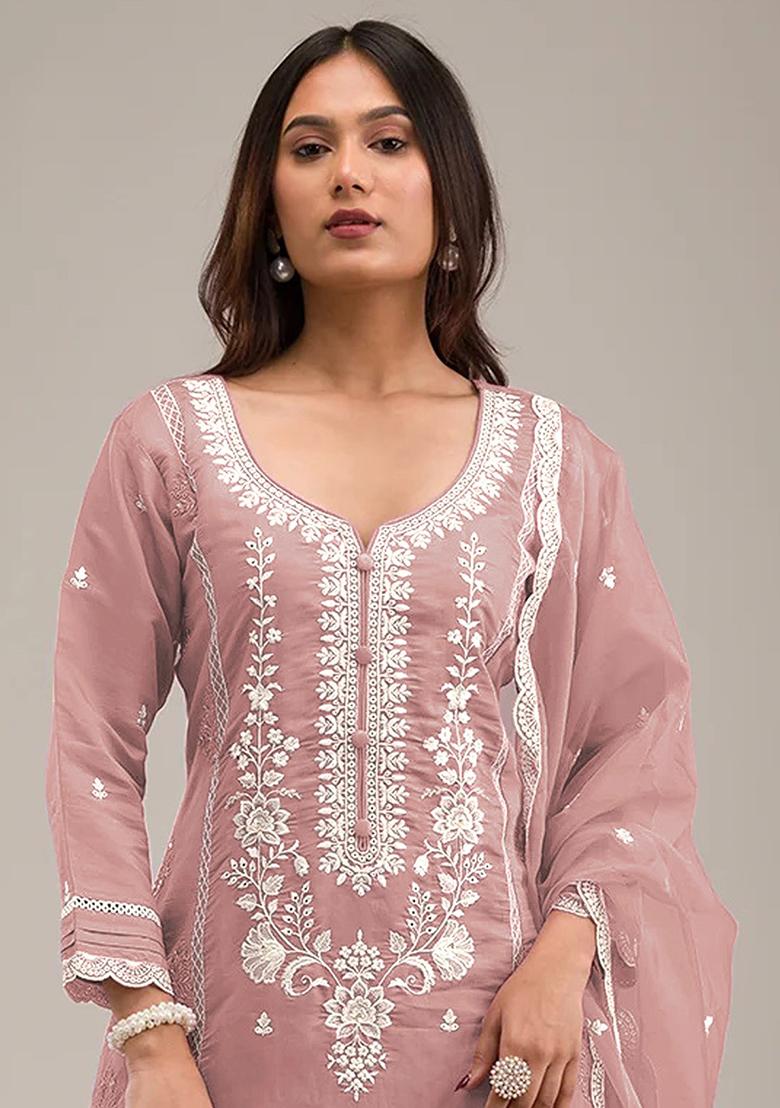 Peach Embroidered Chinnon Salwar Kameez