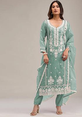 Sky Blue Embroidered Chinnon Salwar Kameez