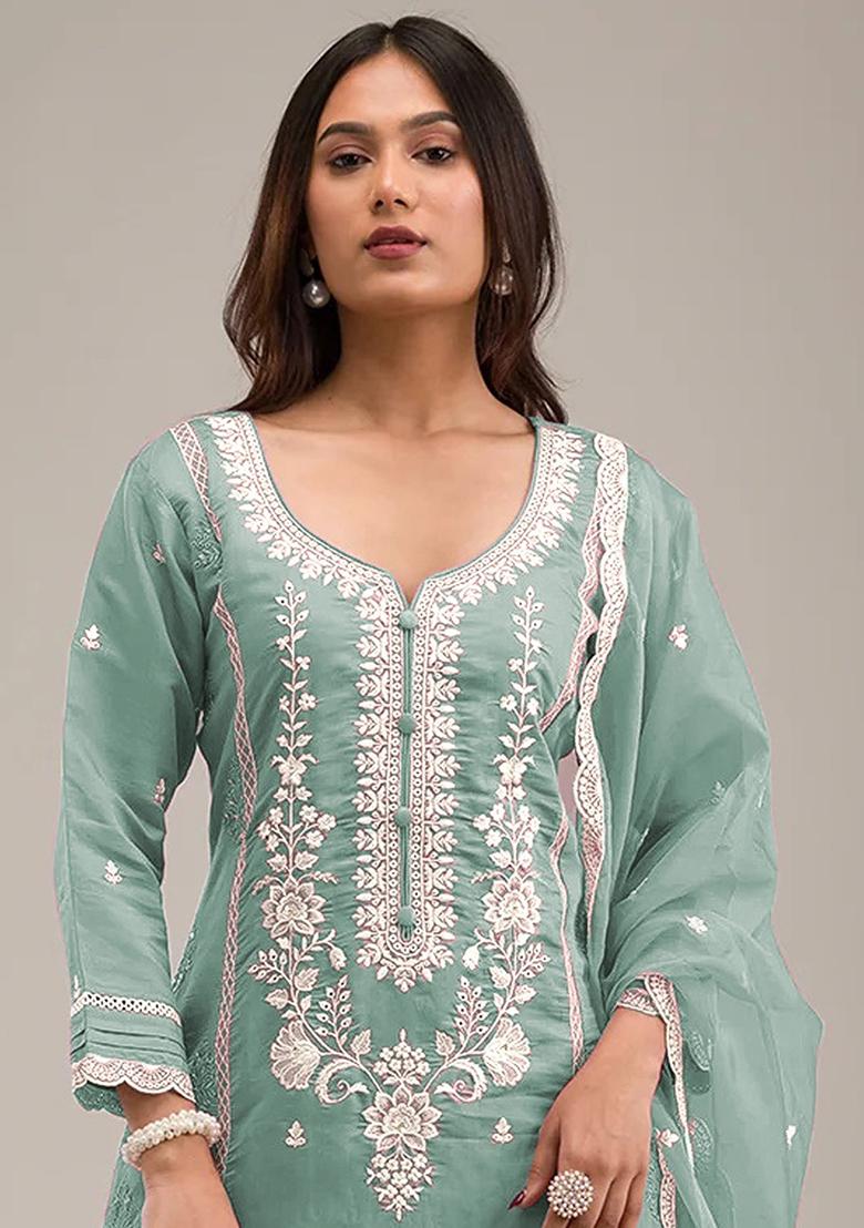 Sky Blue Embroidered Chinnon Salwar Kameez