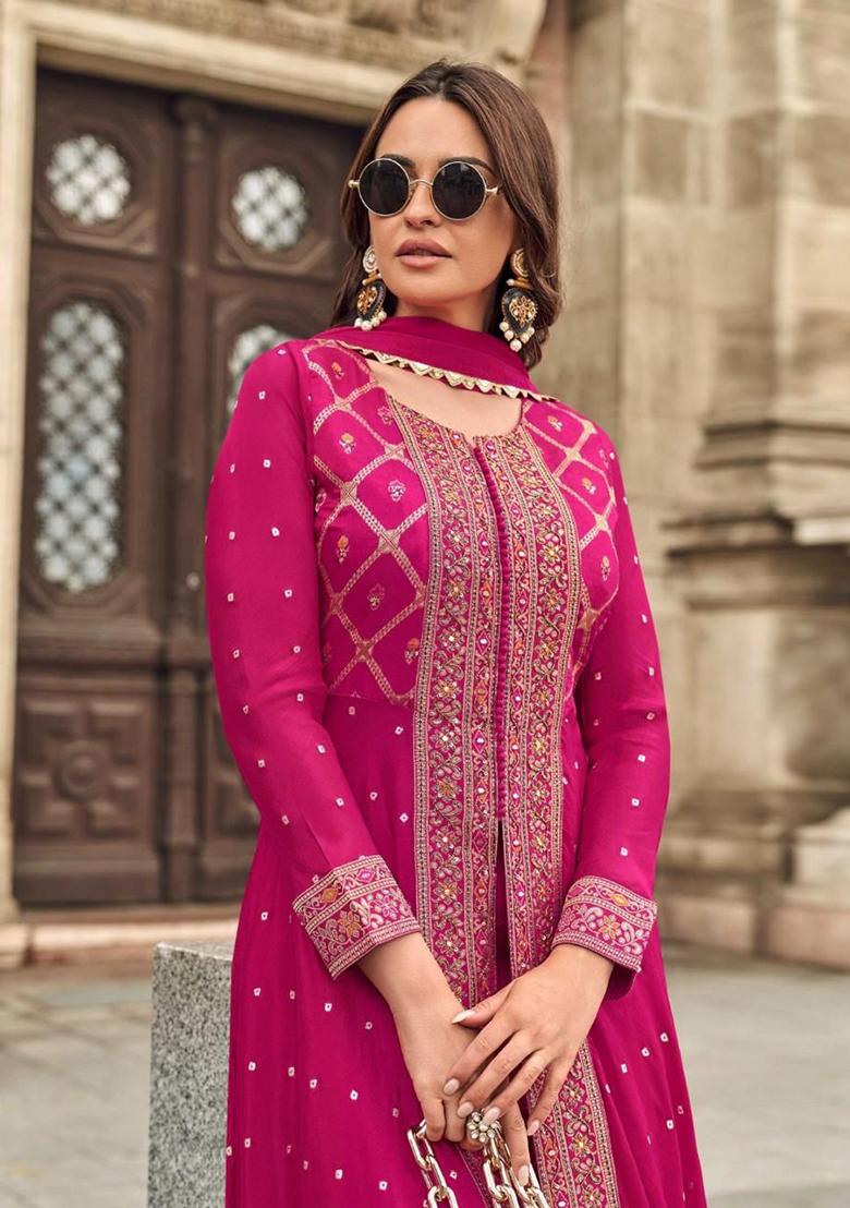 Pink Embroidered Chinnon Salwar Kameez