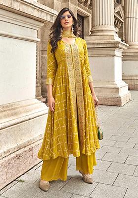 Yellow Embroidered Chinnon Salwar Kameez