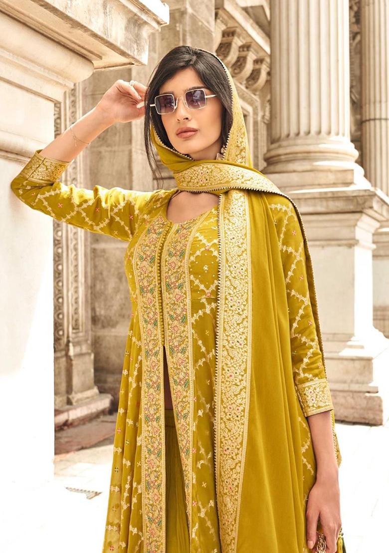Yellow Embroidered Chinnon Salwar Kameez