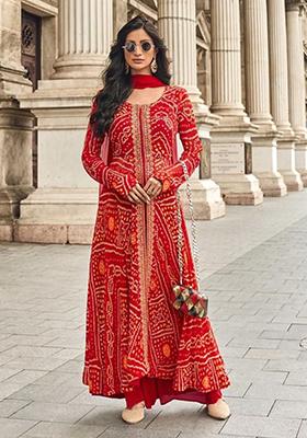 Orange Embroidered Chinnon Salwar Kameez