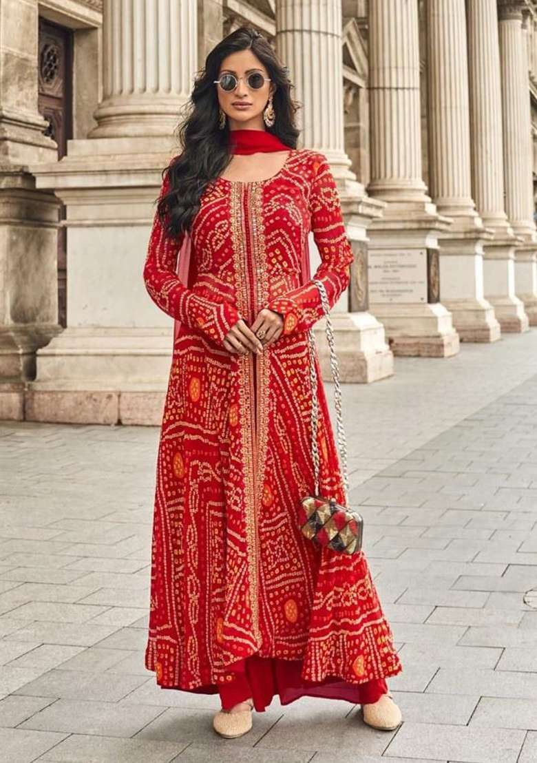 Orange Bandhani Chinon Anarkali Set - Indya