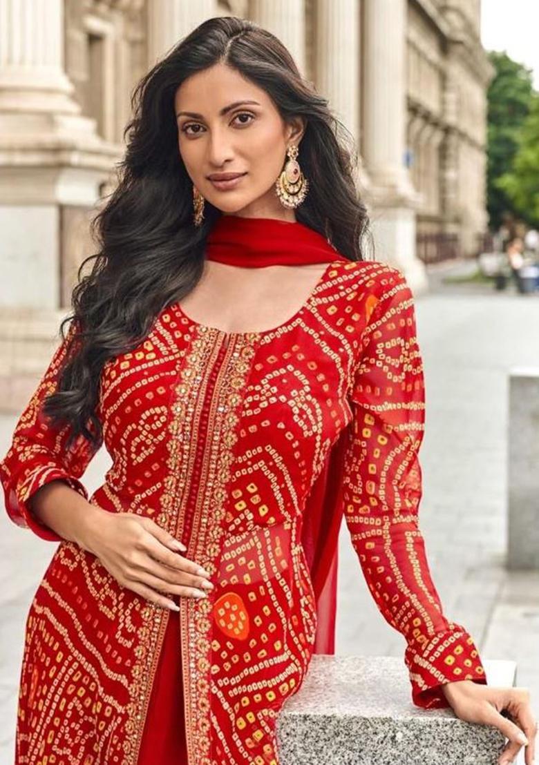 Orange Embroidered Chinnon Salwar Kameez