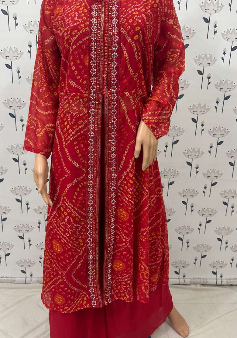 Orange Bandhani Chinon Anarkali Set - Indya
