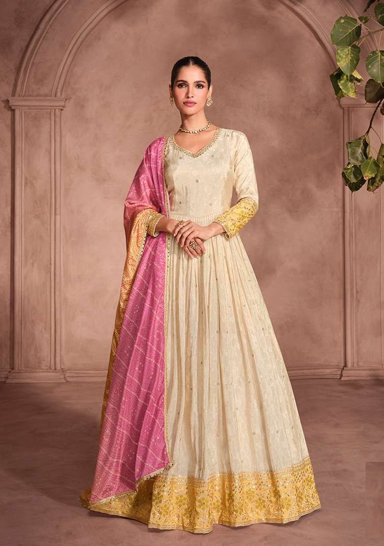 Beige Embroidered Chinon Anarkali Set - Indya