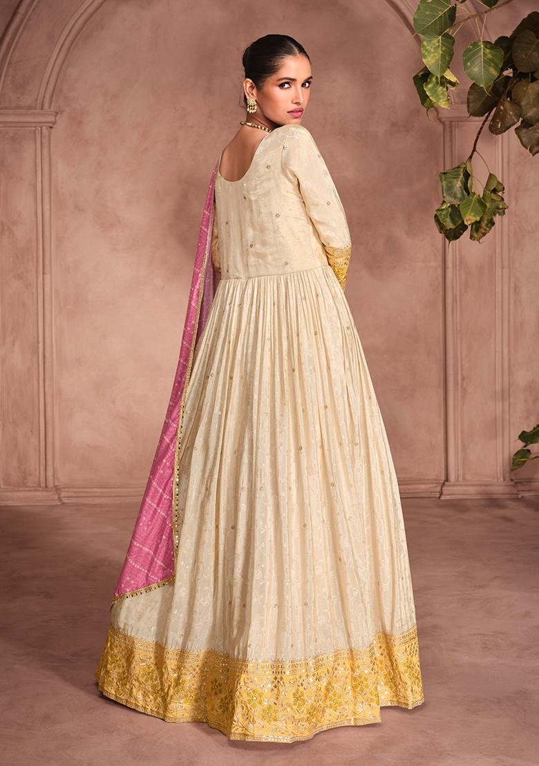 Beige Embroidered Chinnon Anarkali set