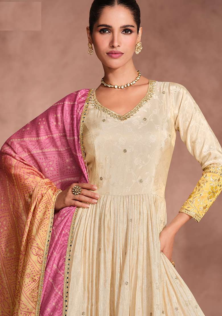 Beige Embroidered Chinon Anarkali Set - Indya