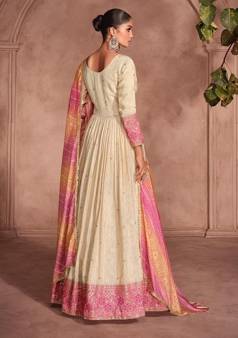 Beige Embroidered Chinnon Anarkali set