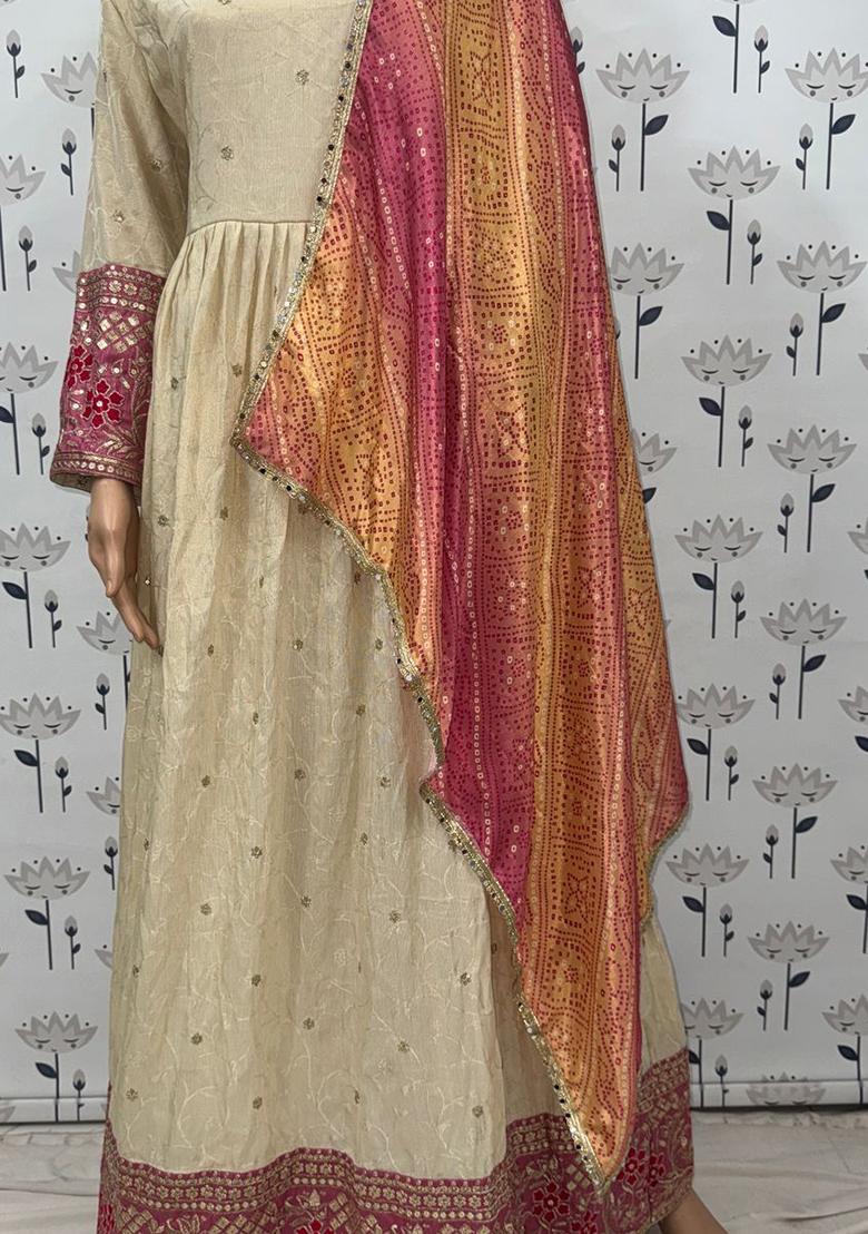 Beige Embroidered Chinnon Anarkali set