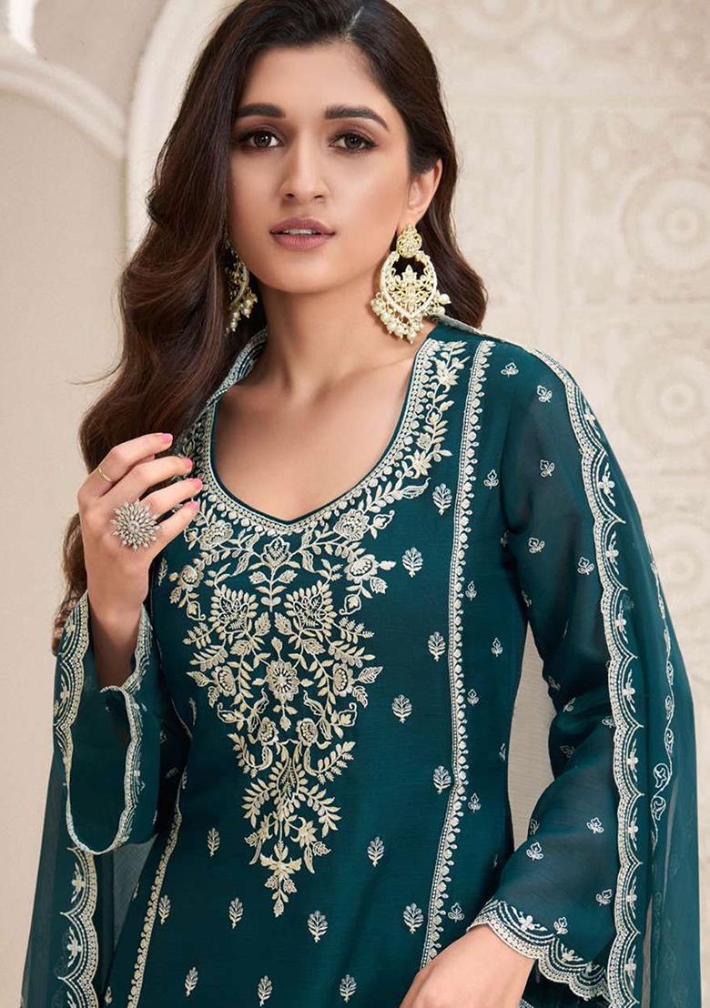 Teal Green Embroidered Chinnon Salwar Kameez