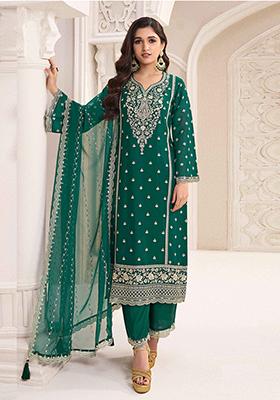Green Embroidered Chinnon Salwar Kameez