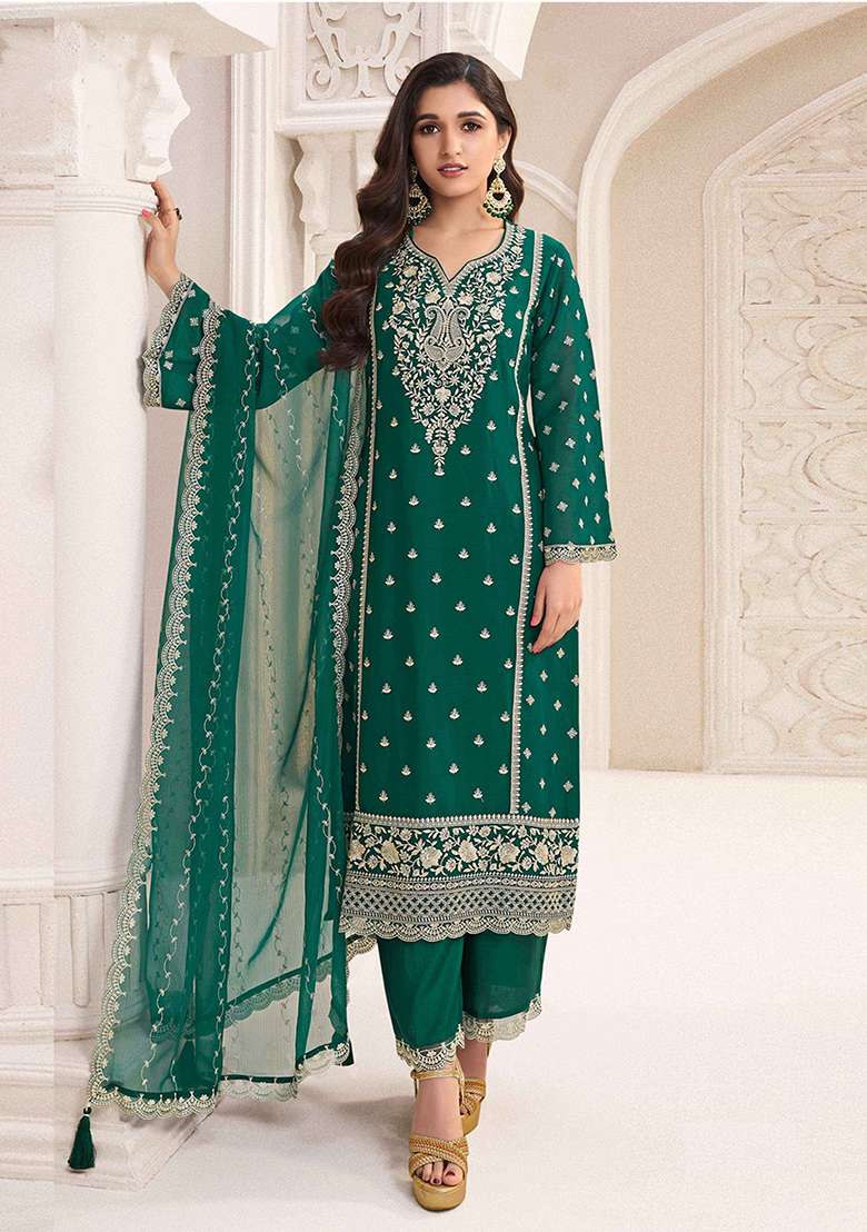 Green Embroidered Chinon Pakistani Suit Set - Indya