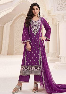 Purple Embroidered Chinnon Salwar Kameez