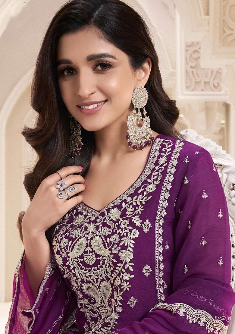 Purple Embroidered Chinnon Salwar Kameez