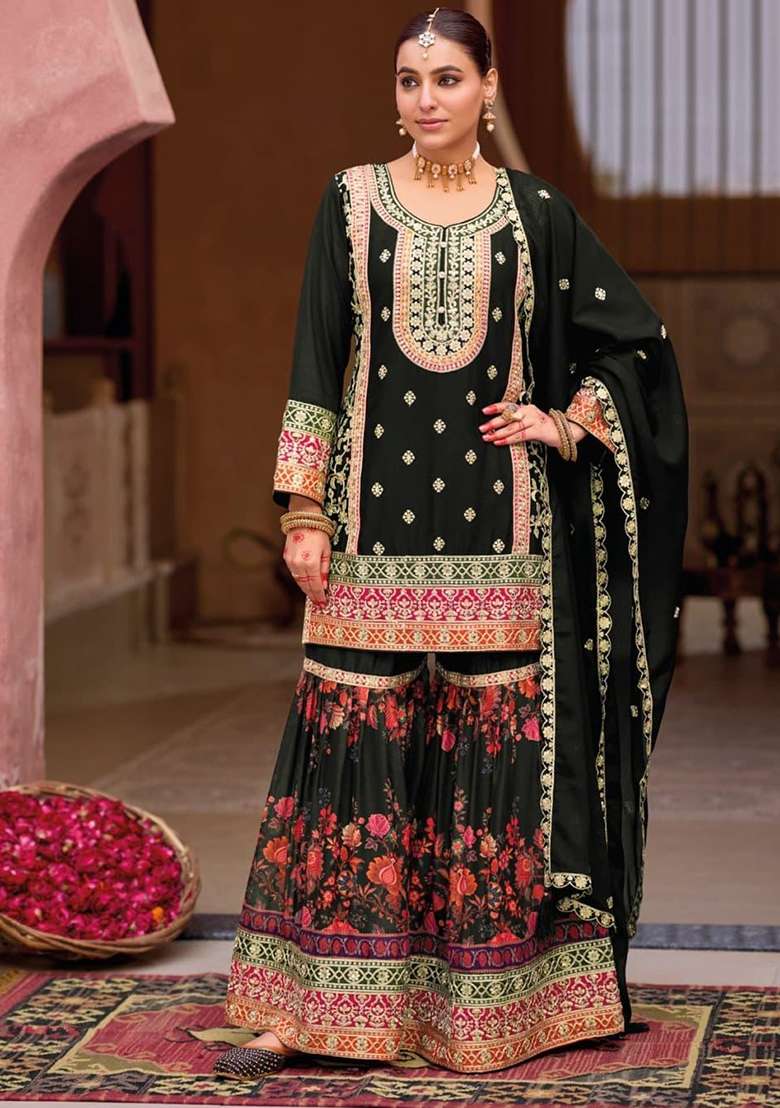 Black Embroidered Silk Blend Sharara Set - Indya