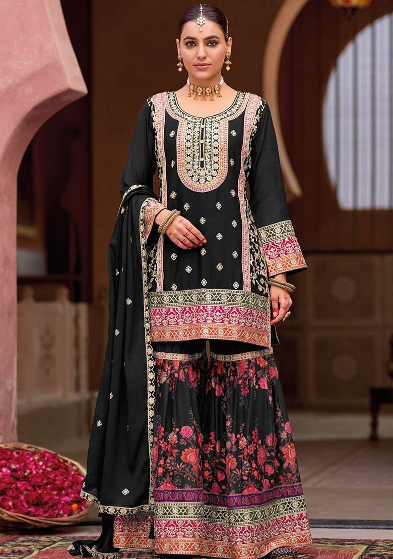 Black Embroidered Silk Blend Sharara Set - Indya