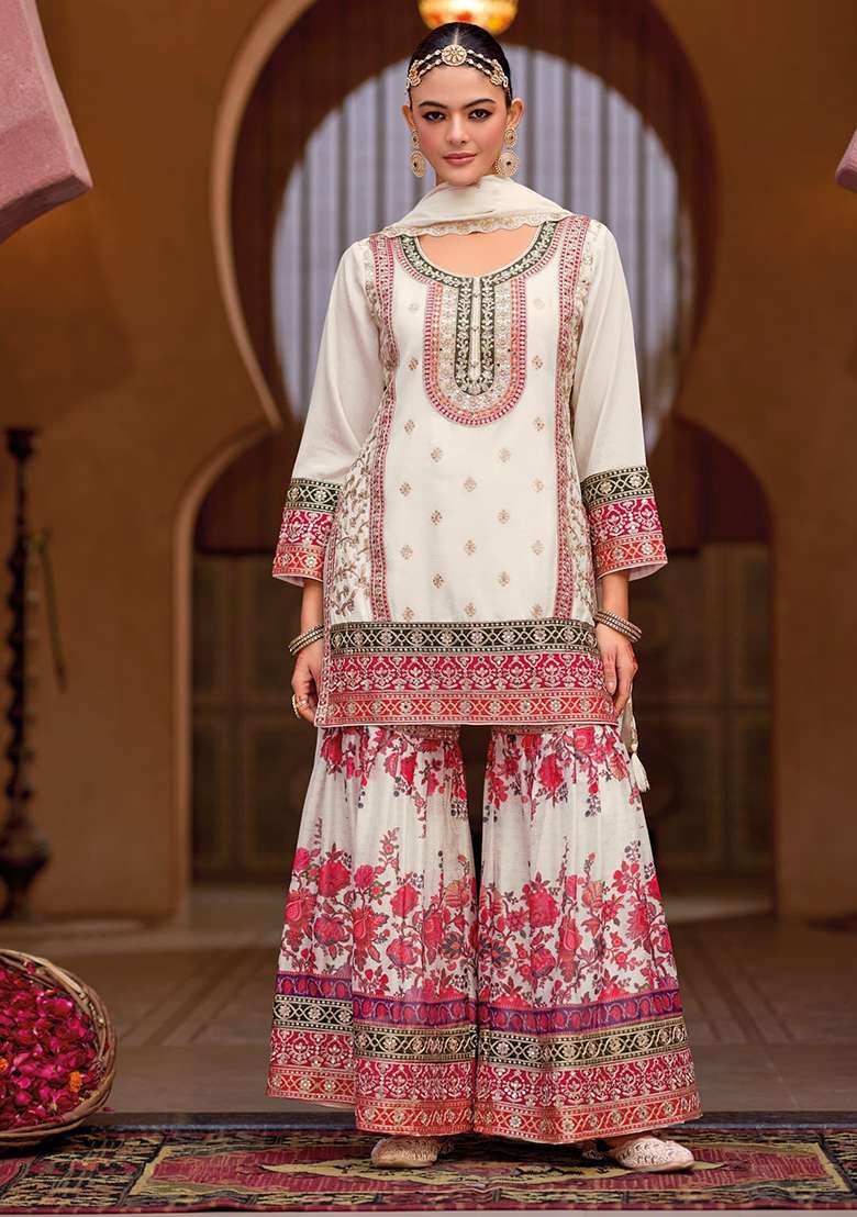 White Printed Silk Blend Sharara Set - Indya