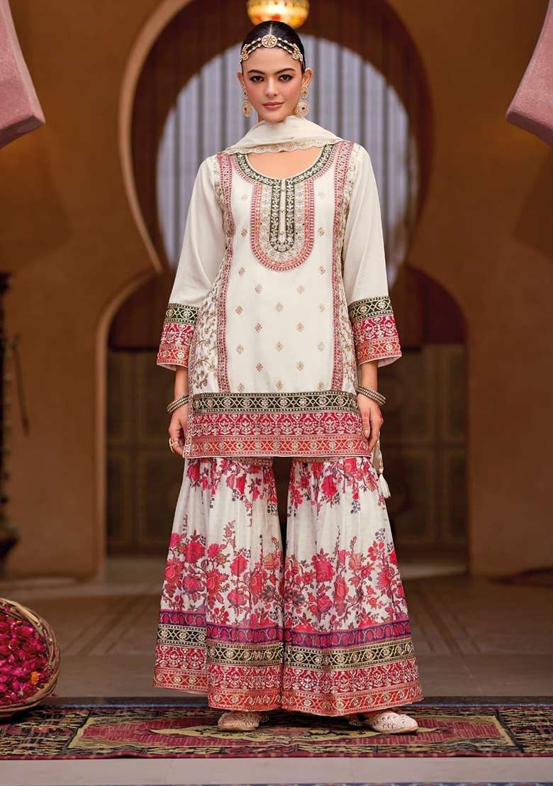 White Printed Silk Blend Sharara Set - Indya
