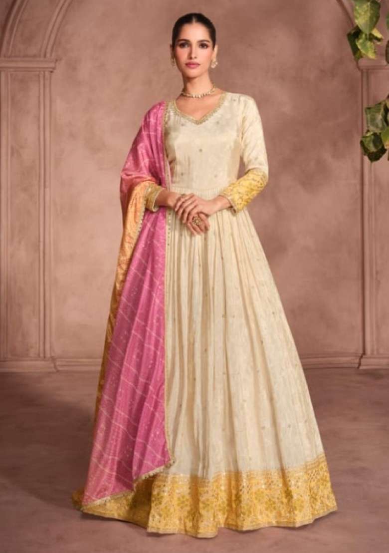 Off White Embroidered Viscose Anarkali Set - Indya