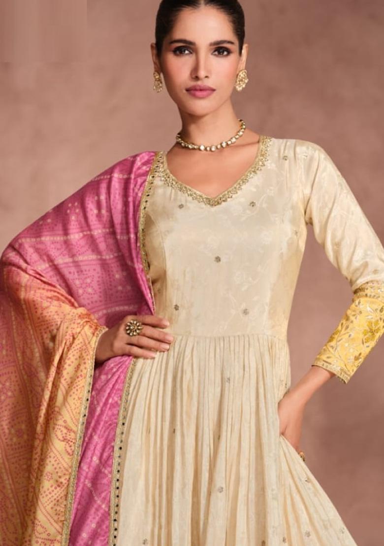 Off White Embroidered Viscose  Anarkali set