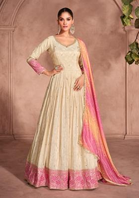 Off White Embroidered Viscose  Anarkali set