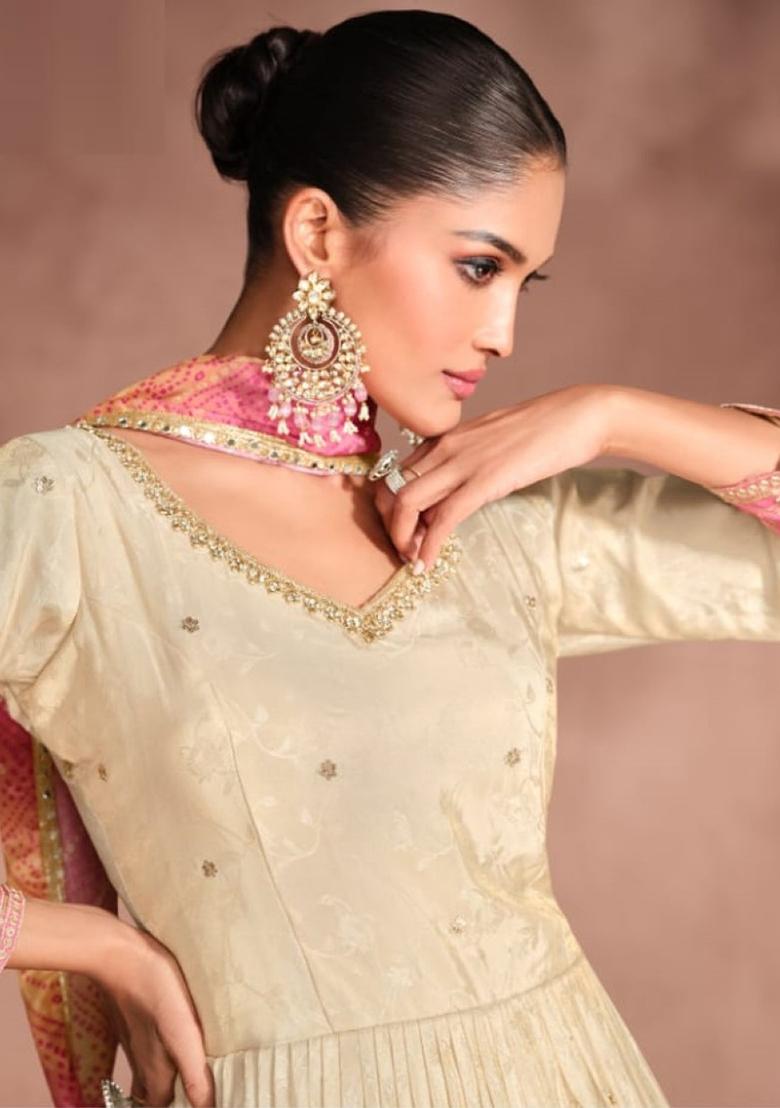 Off White Embroidered Viscose  Anarkali set