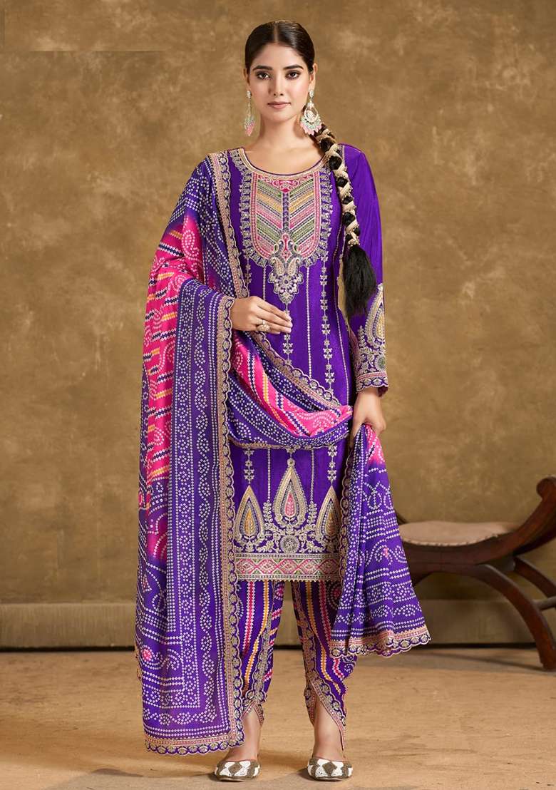 Purple Printed Silk Blend Pakistani Suit Set - Indya