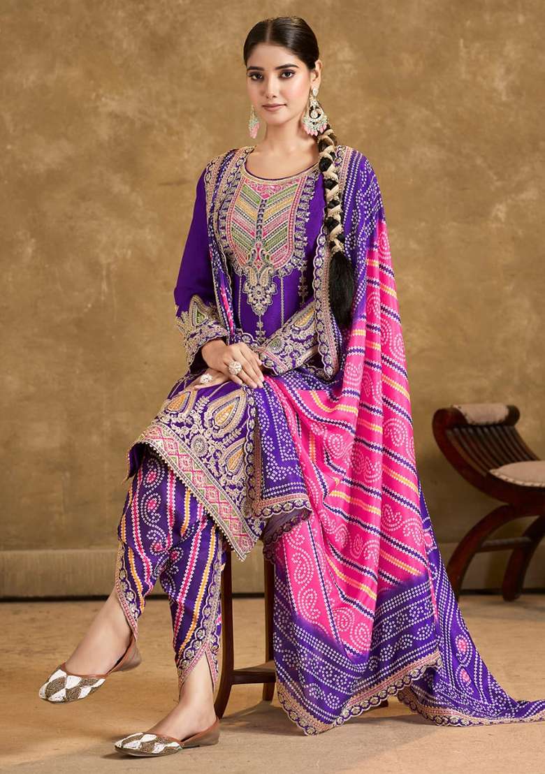 Purple Printed Silk Blend Pakistani Suit Set - Indya