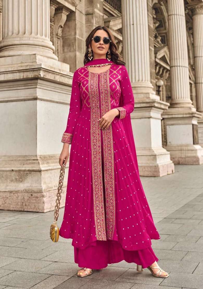 Pink Embroidered Viscose A Line Kurta Set - Indya