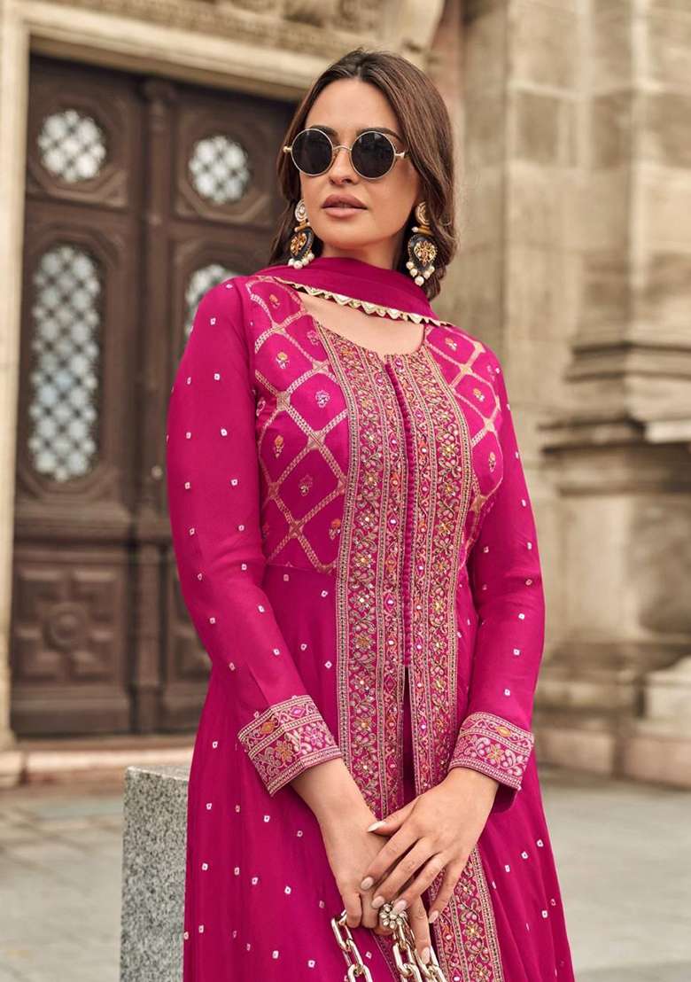 Pink Embroidered Viscose A Line Kurta Set - Indya