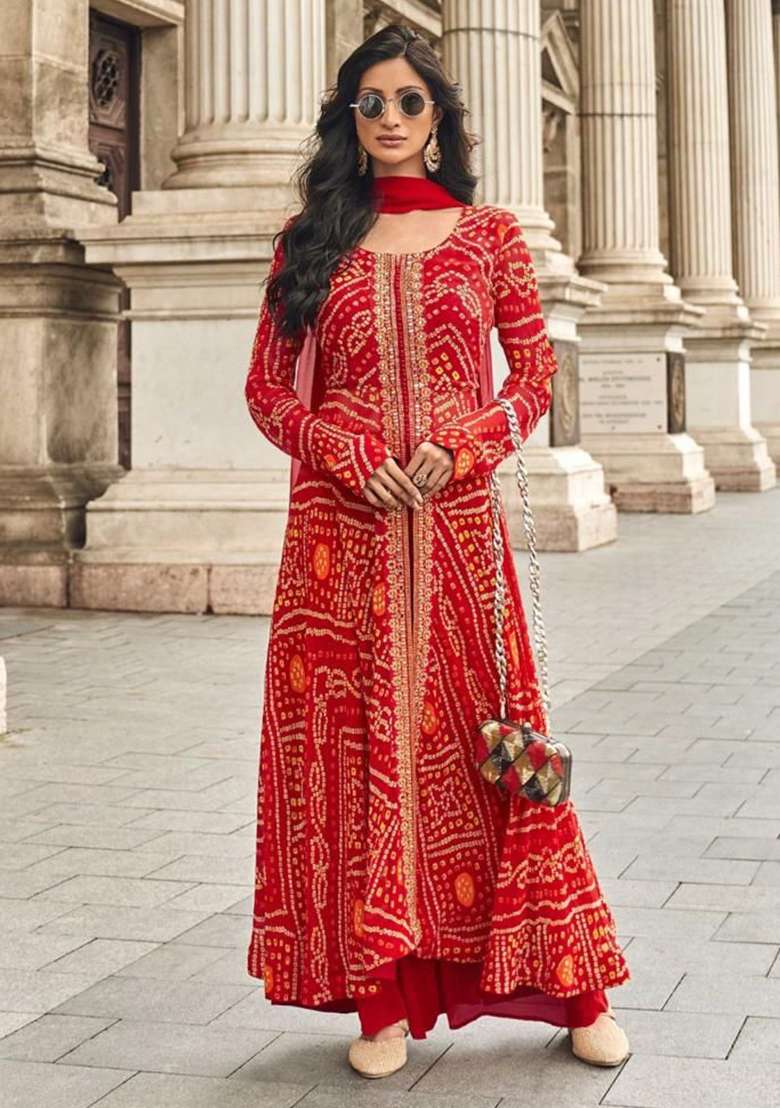 Red Bandhani Georgette A Line Kurta Set - Indya