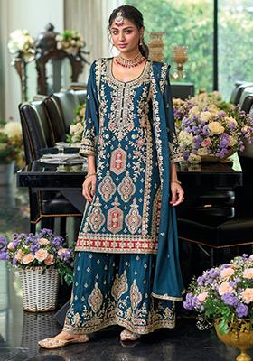Teal Blue Embroidered Silk Salwar Kameez