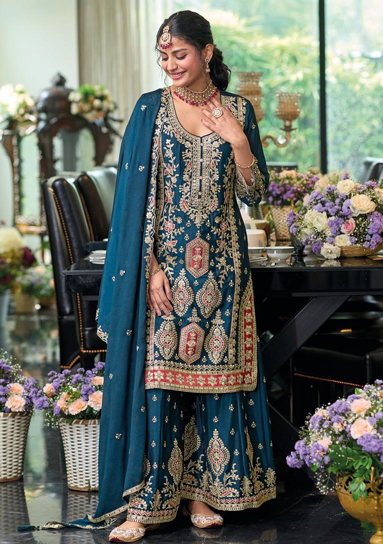 Teal Blue Embroidered Silk Salwar Kameez