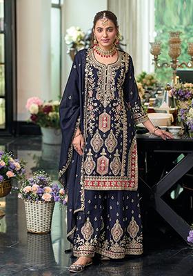 Navy_Blue Embroidered Silk Salwar Kameez
